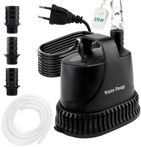 EXLECO Bomba Aguas Sucias Bomba Sumergible 1500L/H 25W 220V Bomba Achique Agua Pequeña Bomba de Fuente Exterior Bomba de Presion de Agua para Piscina Estanque Jardin, 2M Cable 1 Manguera 2 Boquillas