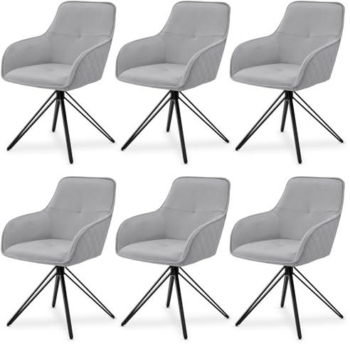 Juskys Drehstuhl Clyde mit Armlehne 6er Set - Esszimmerstuhl modern mit Stoff Bezug - Polsterstuhl Esszimmer - 120 kg belastbar - Stuhl Samt Hellgrau