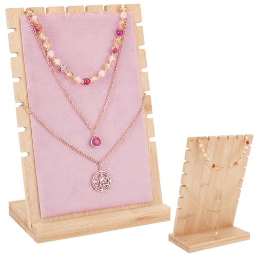 PH PandaHall Présentoirs à Colliers Support à Bijoux en Bambou Présentoir à Colliers Organisateur de Bijoux avec Velours Rose Rembourré pour Collection de Bijoux Spectacles de Vente, 9.5x25 cm
