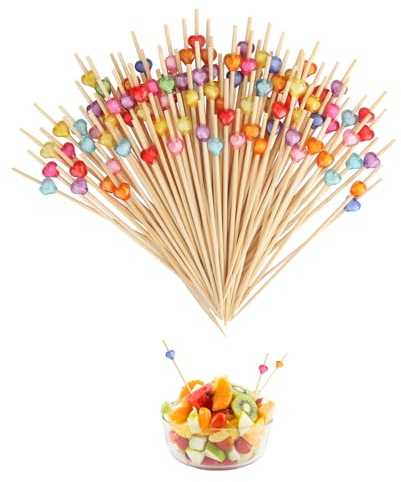 Palillos Para Aperitivos, 200 Palillos de Cóctel de Bambú,Palillos de Cóctel de Corazón de 12 cm Para Aperitivos, Pinchos de Cóctel de Bambú Para Decoración de Fiestas