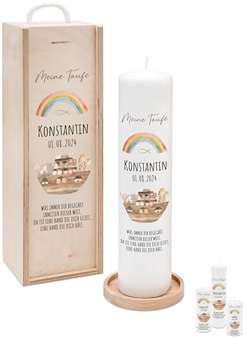 Bärenfreunde® - Personalisierte Taufkerze mit Spezial-Druck (M, L, XL) - ohne Ruß-Bildung - mit Holzkiste oder Untersetzer - Taufe Geschenk, Geschenk zur Geburt (M Kerze)