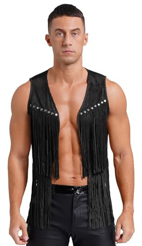 Fldy Herren Cowboy Weste Ärmellos Wildleder Weste Fransen Indianer Weste Retro Boho Hippie Outfit Festival Karneval Kostüm Schwarz M