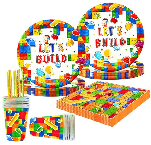 Building Block Party Tableware Set 68Pcs,Party Supplies Birthday Tableware for Kids,Building Block Party Decorations,Plates Napkins Straw and Cups,for Baby Shower,Boys,Party,for 16 Guests