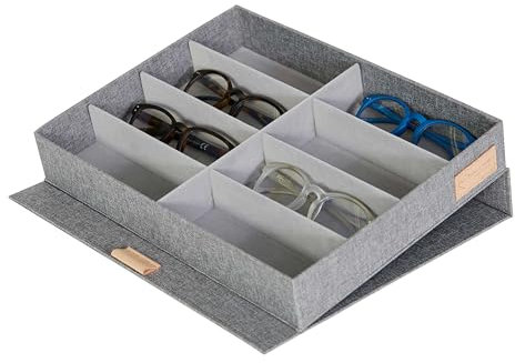LOVE IT STORE IT Premium Custodia Occhiali in Lino-Cotone - Portaocchiali con 8 Scomparti in Velluto - Coperchio con Chiusura Magnetica - Rinforzo in Legno - 32x25x5,5 cm - Grigia Chiara