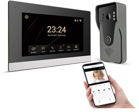 MKHFP Gegensprechanlage, Tuya Smart Home Video Intercom System 7 Zoll Touchscreen Türsprechanlage Zugang mit 1080P 110° kabelgebundener Türklingelkamera für Unternehmen(H-R6-P356B-M503BA)