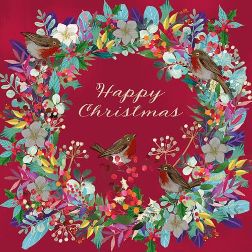Marie Curie Charity Christmas Cards Wreath Floral Robin Pack of 10 with Envelopes