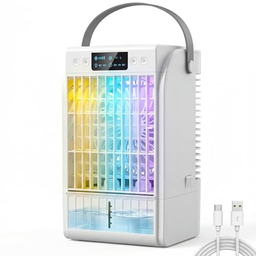 HOMCOM Rafraîchisseur d'air par évaporation 4 en 1, ventilateur portable avec 4 vitesses, 2 modes de brumisation, éclairage LED RGB 7 couleurs, réservoir d'eau 1,5L, minuterie 2-6h, blanc