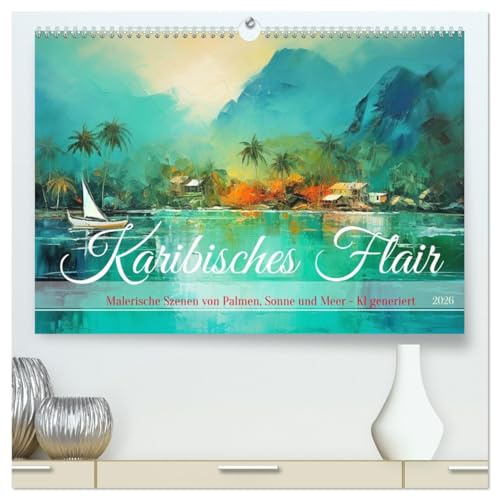 Karibisches Flair (hochwertiger Premium Wandkalender 2026 DIN A2 quer), Kunstdruck in Hochglanz: Traumhafte tropische malerische Szenen - KI generiert (CALVENDO Natur)