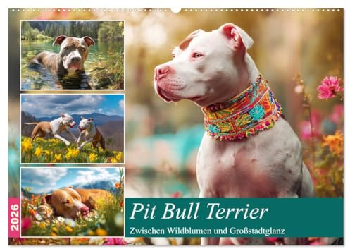 Pit Bull Terrier. Zwischen Wildblumen und Großstadtglanz (Wandkalender 2026 DIN A2 quer), CALVENDO Monatskalender: Farbenfrohen Bilder von tollen ... Fröhlichkeit und Schönheit (CALVENDO Tiere)