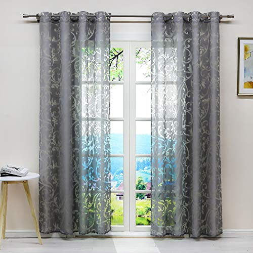 ESLIR Gardinen mit Ösen Vorhänge Ausbrenner Fensterschal Transparent Ösenschal mit Ranken Muster Grau BxH BxH 140x245cm1 Stück