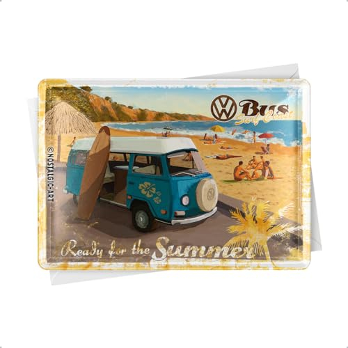 Nostalgic-Art Retro Blechpostkarte, 10 x 14 cm, VW Bulli – Ready for the Summer – Volkswagen Bus Geschenk-Idee, Original Lizenzprodukt (OLP), Postkarte aus Metall, Mini-Blechschild als Grußkarte