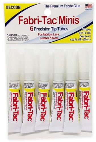 Beacon Fabri-Tac 5ml Mini Tube (6 Pack), Clear - Permanent Adhesive Fabric Glue - Strong Leather Glue for Lace, Glass, Wood & Trims - Quick Drying Craft Glue for Upholstery & Home decor