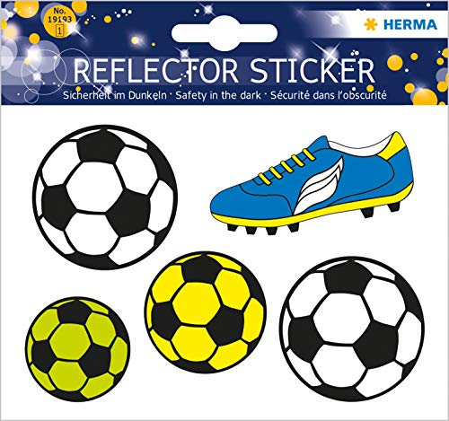 HERMA 19193 Reflektor Aufkleber Fußball, 5 Stück, selbstklebende Kinder Reflektor Sticker für Fahrrad Helm Schulranzen Rollator Auto Koffer Kinderzimmer, Motiv Leuchtaufkleber Leuchtsticker Set