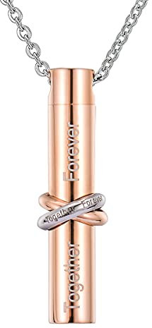 HooAMI Cremation Urn Necklace Together Forever Stainless Steel Memorial Keepsake Cylinder Pendant for Ashes (Rose gold Together Forever)