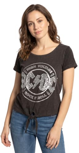 AC/DC Comics High Voltage Sequin Acid Wash Women's Tie Front T-Shirt Black