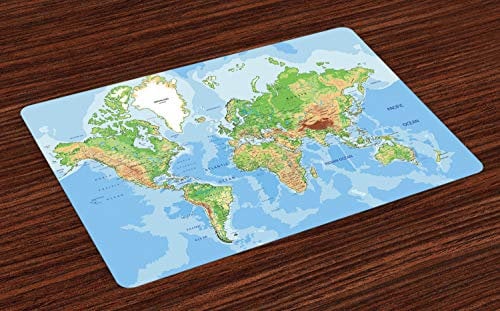 ABAKUHAUS Weltkarte Platzmatten, Topographische Bildung, Waschbare Stoff Esszimmer Küche Tischdekorations Digitaldruck, Himmelblau Grün