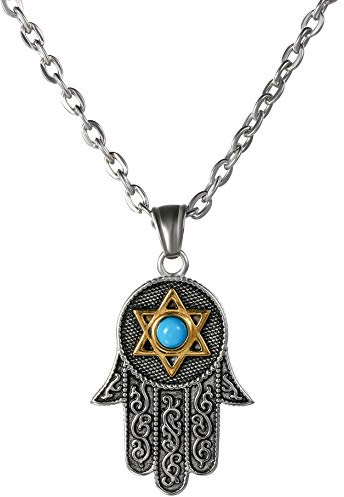 Flongo Herren-Kette Männer Anhänger Damen Halskette, Edelstahl Kette Silber Hand der Fatima Hamsa Herren-Accessoires