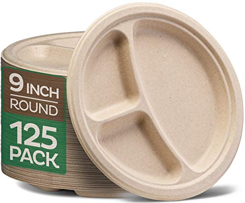 100% Compostable Paper Plates [9 inch - 125-Pack] 3 Compartment Disposable Plates Heavy-Duty Quality, Natural Bagasse Eco-Friendly Made of Sugar Cane Fibers, 9 Biodegradable Plates by Stack Man®