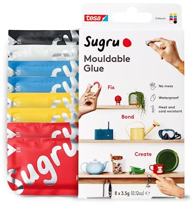 Sugru by tesa - Mouldable Multi-Purpose Glue for Creative Fixing and Making, Black, White, Red, Yellow & Blue, 8-Pack