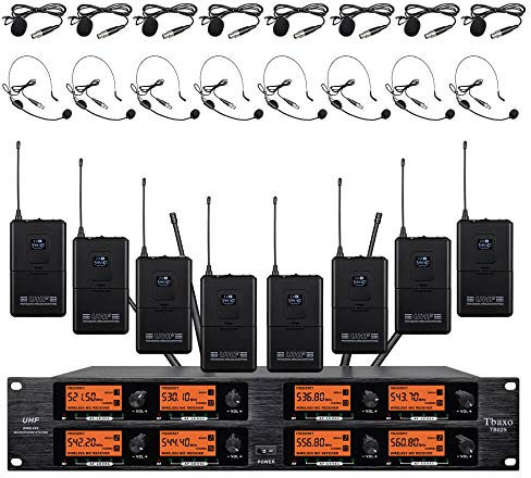 Sistema de micrófono inalámbrico Pro Audio 8 canales de frecuencia B UHF 8 Lavalier Bodypacks 8 micrófono de solapa 8 auriculares para sistema de karaoke, reuniones, iglesia, conferencia, boda, fiesta