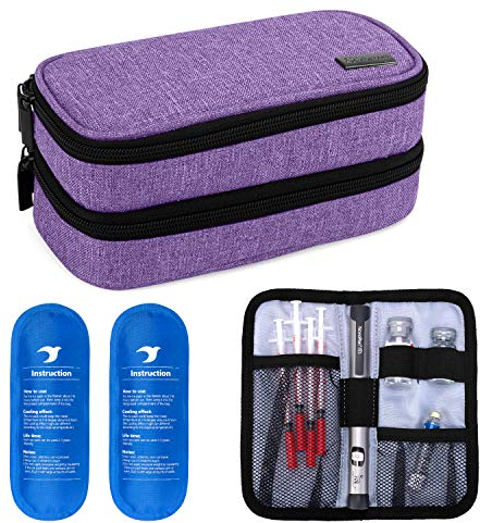 Yarwo Kühltasche für Insulin, Diabetes Zubehör Tasche, Diabetikertasche für Diabetes Spritzen, Insulininjektion Aufbewahrungstasche mit 2 Kühlakkus, Mittel, Lila