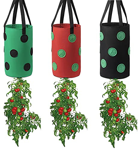 FGYZYP - Borsa per coltivare pomodori e fragole, 3 pezzi, multicolore a testa in giù, con 12 fori per la coltivazione e il manico, per coltivare pomodori, peperoncino, fragole, frutta, casa, giardino