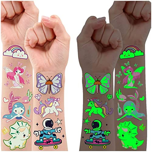 Leesgel Tattoos für Kinder, 140 Stück Leucht Kindertattoos Sticker für Kindergeburtstag Gastgeschenke, Mitgebsel Kindergeburtstag Party Giveaways Kleine Geschenke Einschulung Schultüte Füllung