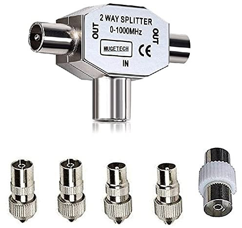 TV Aerial Splitter 2 Way, TV Coax Splitter 1 Female to 2 Male Plug Coaxial Digital Signal Antenna Connector+5X TV Aerial Coaxial Cable Connectors