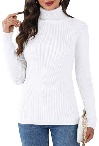 Aottori White Jumpers for Women UK Turtle Neck Jumper Tops Ladies Ribbed Knitted Sweaters Long Sleeve Autumn Winter Warm Pullover Tunic White M