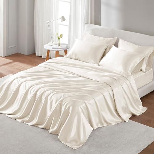 Madison Park Essentials - Set di lenzuola in raso, lussuose e setose, con lucentezza naturale, con tasca elastica da 35,6 cm per materassi fino a 40,6 cm, elastico tutto l'anno, biancheria da letto