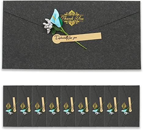 BITEYI 10 Stück Vintage Kraftpapier Umschläge mit Grußkarten Handgefertigte Getrocknete Blumen und Aufkleber,für Geburtstags Hochzeits Weihnachtens Party Einladungen Postkarten (Schwarz)