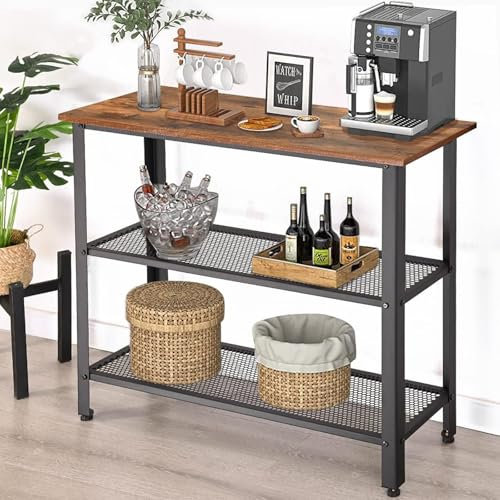 H JINHUI Table de Console, Table d’appoint, Table Canapé avec 2 Étagères de Treillis, Style Industriel, Cadre en Métal, pour Couloir, Entrée, Salon, Chambre et Bureau, Marron Rustique et Noir