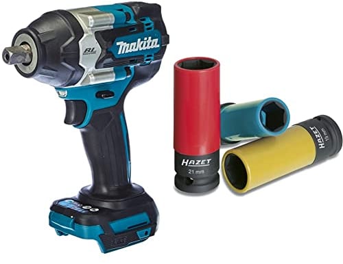 Makita DTW701Z 18,0 V Schlagschrauber 18 V & HAZET Steckschlüssel-Satz (1/2 Zoll (12,5 mm) Vierkantantrieb, mit Kunststoffhülse zum Schutz von Felgen, Schlüsselweiten für Reifenwechsel) 903SPC/3