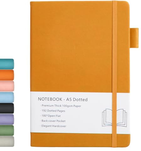 Notizbuch Dotted A5, Hardcover Dotted Journal mit Premium 100 GSM Dickes Papier, 192 Seiten, Innentasche, Elastisch Gebändert, Kunstledereinband, 14,5x21,3 cm (Bräunlich gelb)