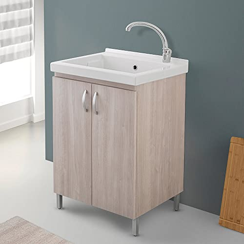 Mobile lavatoio Lavanderia in Legno con Vasca in Ceramica Resistente agli acidi, Completo di Kit sifone + piletta (Olmo, 60x50 cm 2 Ante)