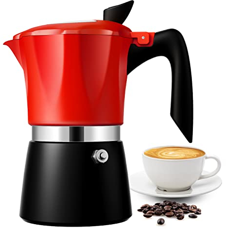 TWOMEOW Stovetop Coffee Maker Espresso Italian Moka Pot with Transparent Top Lid, 300ml-6 Espresso Cups, Classic Aluminium Coffee Percolator, Red/Black