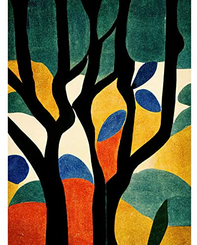 Wee Blue Coo Simple Autumn Trees Orange on Blue Minimalist Matisse Style Painting Unframed Wall Art Print Poster Home Decor Premium
