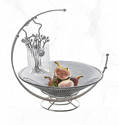 JUNYFFF Crystal Glass Centrepiece Bowl, Ideal Display Bowl for Decorations, Fruit, Bread, Salad Or Potpourri, Metal Silver Stand with Fruit Fork And Jar