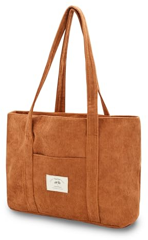 Damen Kord Groß Handtasche Tote Bag Shopper mit Reißverschluss für Bücher Reisen Alltag Schule Arbeit Einkauf braun