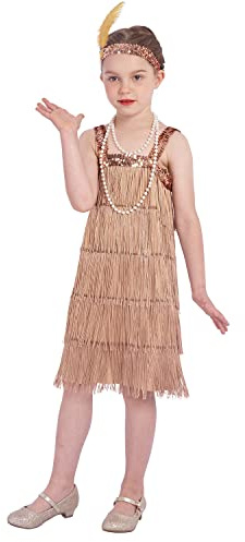 Rabtero Kinder Roaring the 20er Jahre Fancy Kleid Kostüm, Mädchen Flapper Kleid mit Perlenkette und Feder Stirnband, Gangster Flapper Kleid für Mädchen, golden, X-Large 10-12