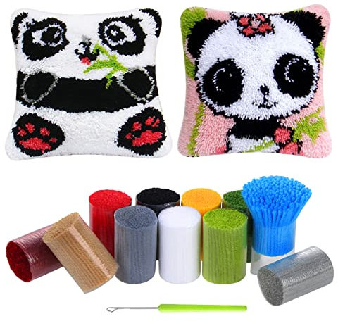 HonGien Tier Knüpfkissen Set, Latch Hook Kissen Kit, 2 Stück Latch Hook Rug für Anfänger Erwachsene oder Kinder, Kreatives Geschenk (Panda)