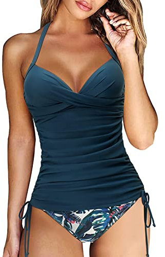 CheChury Maillot de Bain Femme Tankini 2 Pieces Gainant Ventre Plat Maillot de Bain avec Short Sexy Col en V Ensemble Bikini à laçage Tankinis Grande Taille,Blanc,M