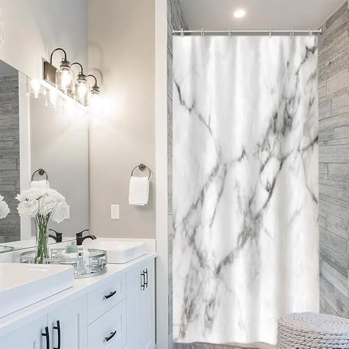 Uiiooazy Rideau Douche Effet Marbre, Rideau de Douche Anti Moisissure Étroit 90x180cm Gris Blanc Petit Rideaux de Baignoire Tissu Lavable Imperméable Polyester Rideaux Salle de Bain avec 6 Crochets