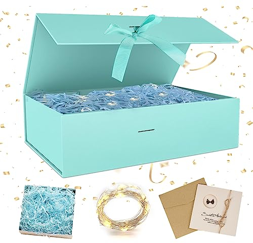 Geschenkbox Set Mit Deckel, Schleifen, Magnetisch - Faltbare Kartons, Grußkarten, Raffia Hamper Shreds, LED-Lichterkette - Für Hochzeit, Geburtstag, Weihnachten