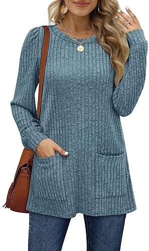 Aokosor Long Sleeve Tops Women Lightweight Jumpers Ladies Sweatshirts with Pockets Blue Size 14-16
