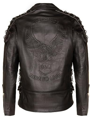 Infinity Leather Herren Schwarz Brando Biker Jacke LIVE TO RIDE Geprägtes EAGLE Leder Vintage