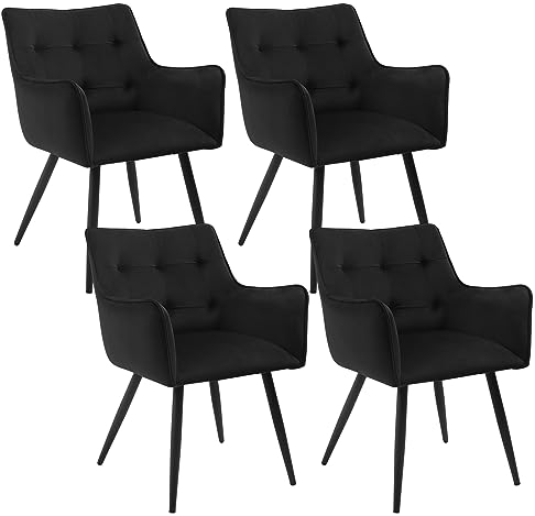 WOLTU Esszimmerstühle 4er-Set, Sessel, Küchenstuhl, Polsterstuhl, Stuhl mit Armlehnen Rückenlehne, Wohnzimmerstuhl mit Samtbezug, Metallbeine, für Esszimmer Küche, Schwarz, BH374sz-4
