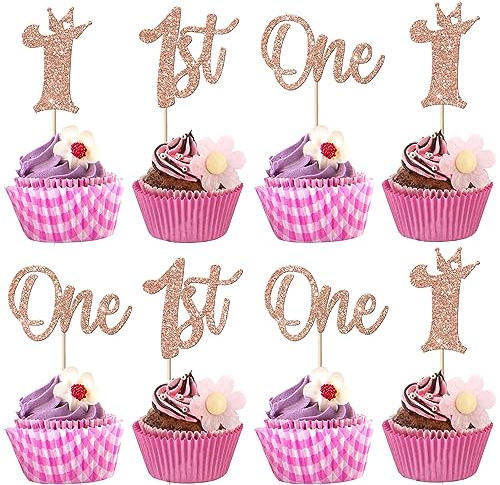 24 Stück Happy 1st Geburtstag Cupcke Toppers Glitzer Erster Geburtstag Tortendeko Crown One Geburtstag Kuchen Deko für Erster Geburtstag Party Kuchen Dekorationen Rosegold