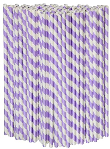 Pailles en papier jetables extra longues de 26 cm – 0,6 cm de diamètre, rayées violet/blanc, 100 pièces