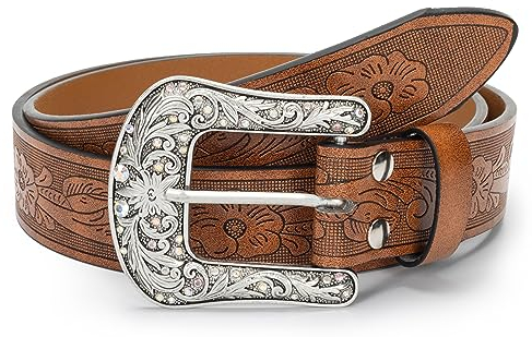 Eohak Westerngürtel für Damen, Cowgirl, PU-Leder-Taillengürtel mit Vintage-geschnitzter Schnalle und Spitzen, für Jeans, Hosen, Kleider, Glänzend - Braun, M